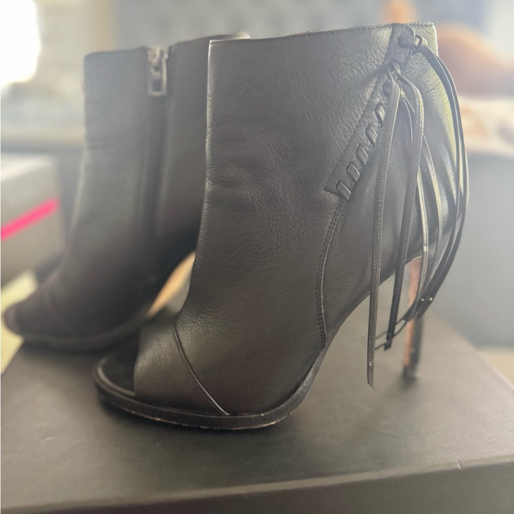 Coach Black Heeled Boots with Fringe Detail